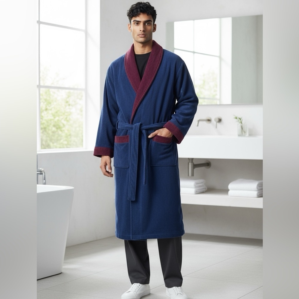 Nautica Shawl Robe Navy Burgundy Belted Terry Cloth One Size Loungewear